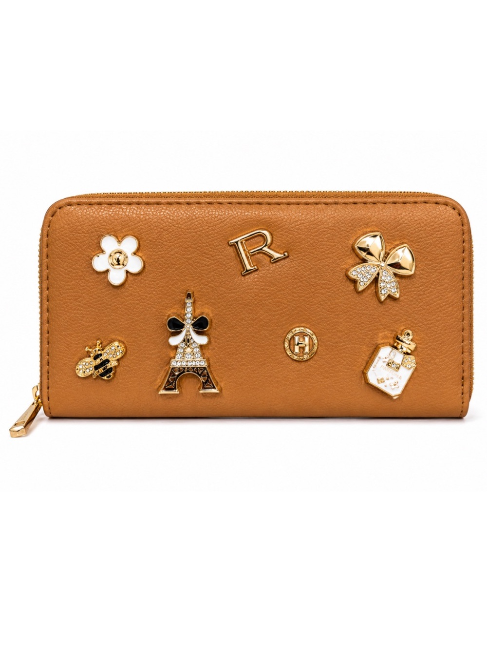 Tan Embellished Zip Wallet with Gold Accents